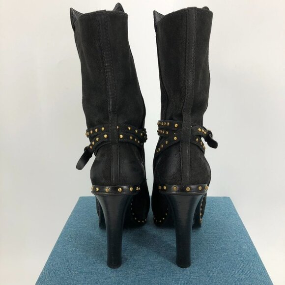 Miu Miu Black Leather Heeled Booties w Gold Studs and Studded Belt Detail size 8 - Picture 2 of 12